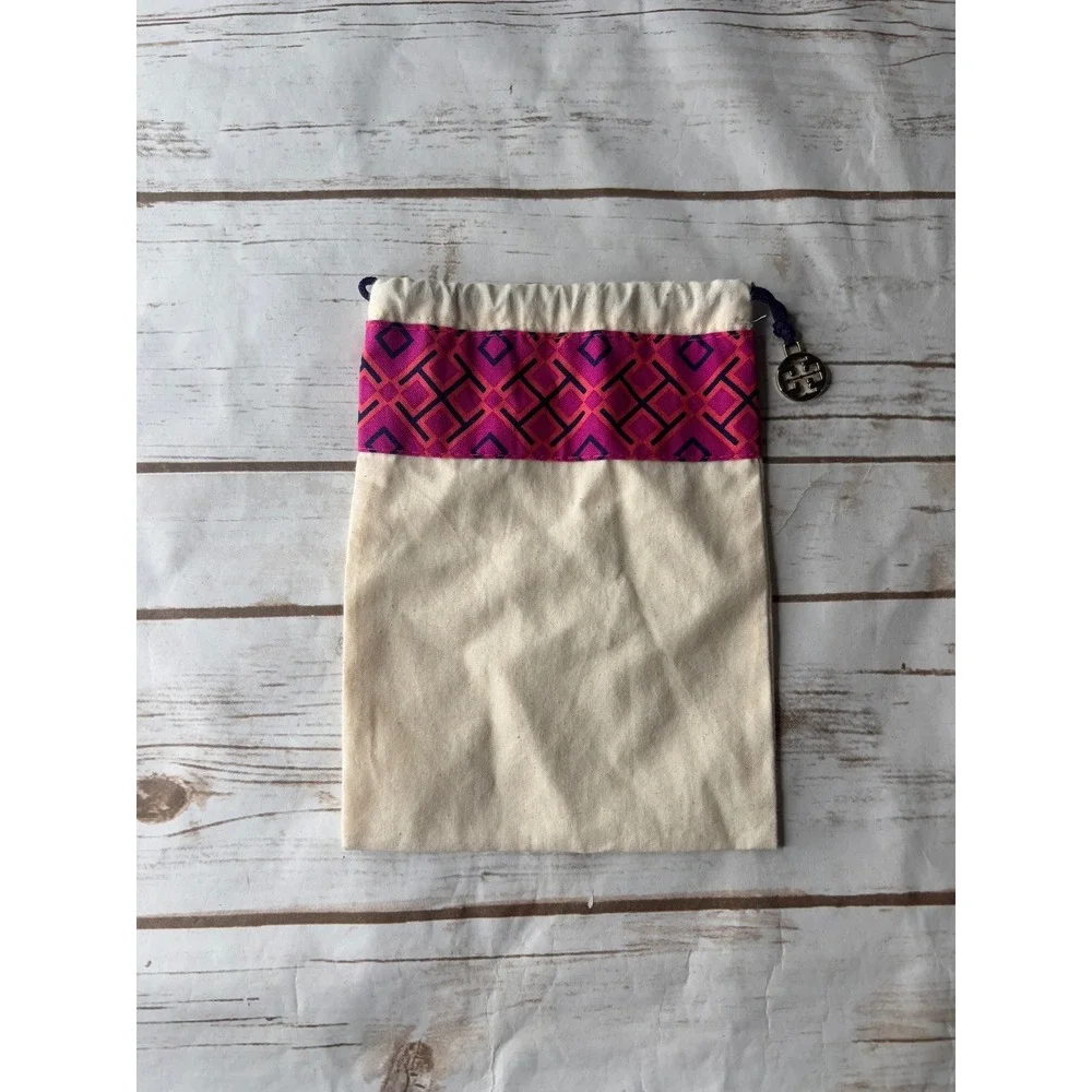 Tory Burch Dust Bag Cream Pink Purple Geometric Logo Drawstring Pouch 9x6.5